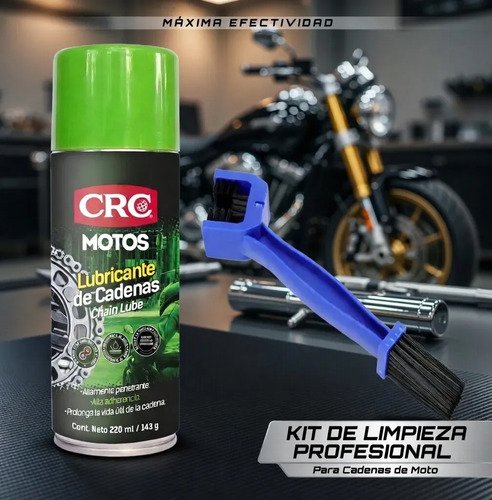 D_768586-MCO108484726175_032026-O.jpg Kit Limpieza Cadena Moto Bici Lubricante Crc 220 Ml Cepillo